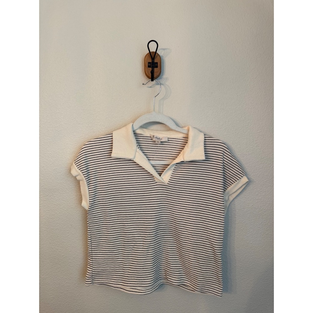 Atelier by Kirious Knit Polo Top Women XS Cream Navy Striped Excellent V-Neck